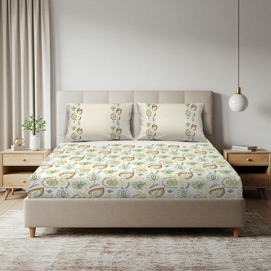 Heritage Bloom Multicolor Cotton Bedsheet with Pillow Cover (King Size)