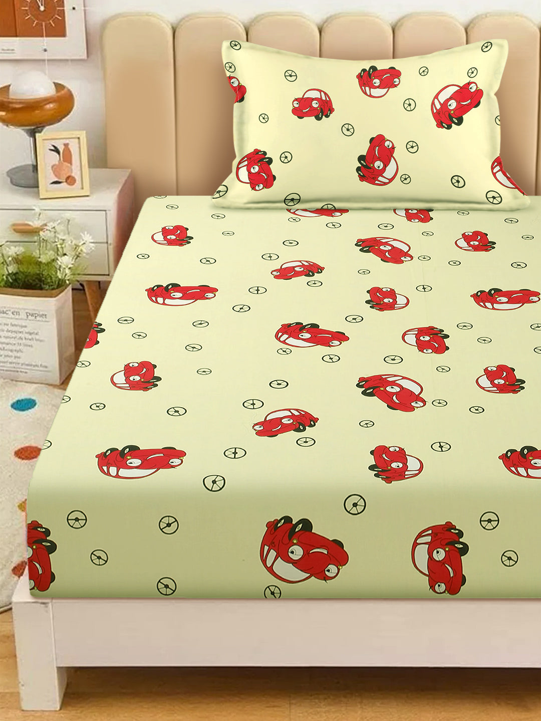 Car Print Kids Bedsheet Set – 100% Cotton, Single Bed, Yellow & Pink