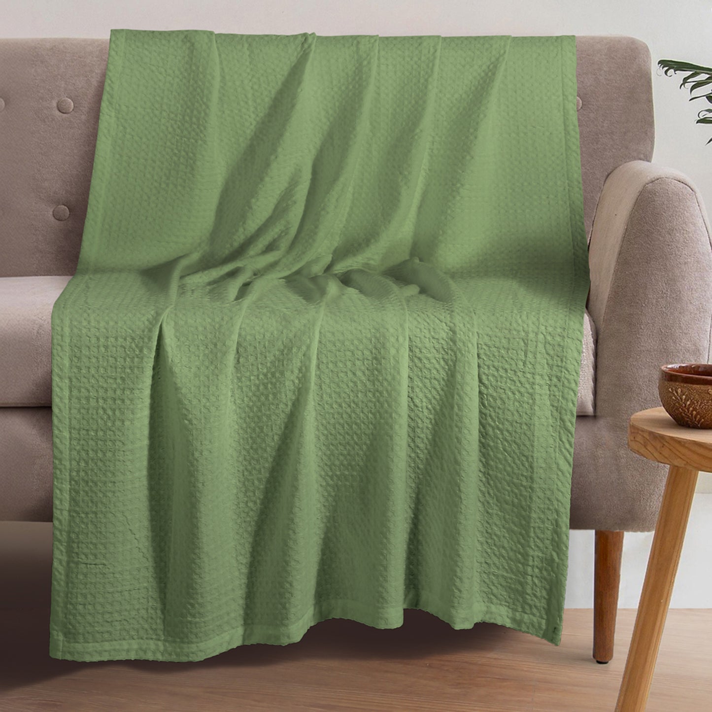 Waffle Knit Cotton Throw Blanket – Sage Green (60 x 80 Inches)
