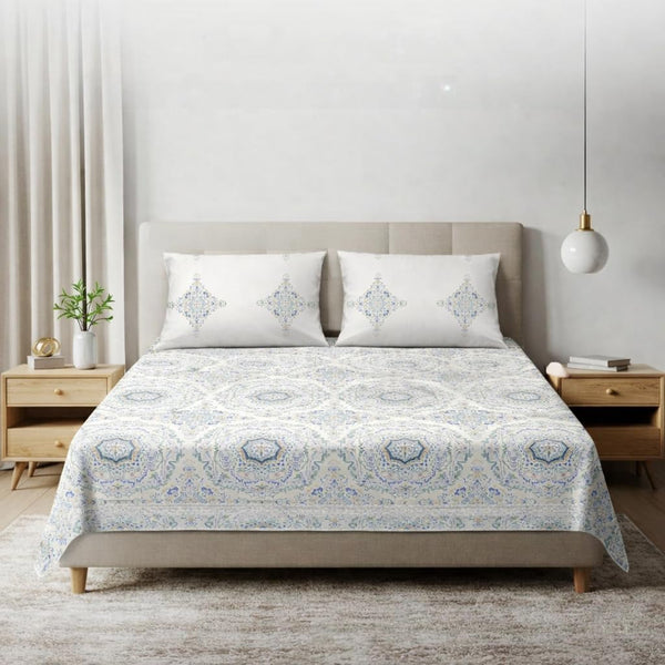 Heritage Mandala Blue Cotton Bedsheet with Pillow Cover (King Size)