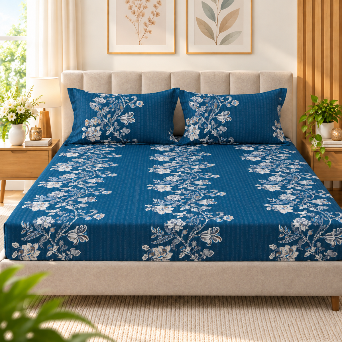 Cotton 300 TC Sateen Navy Blue Colour Bedsheet Set for King Size – Soft, Durable & Long-Lasting