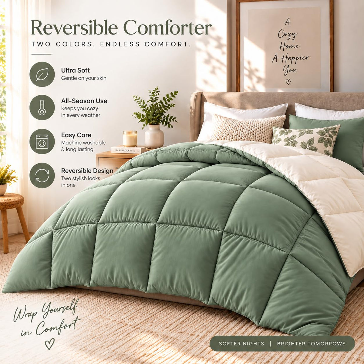 220 GSM Reversible Microfiber Sage And White Comforter – Double Bed | Soft, Fluffy & All-Season