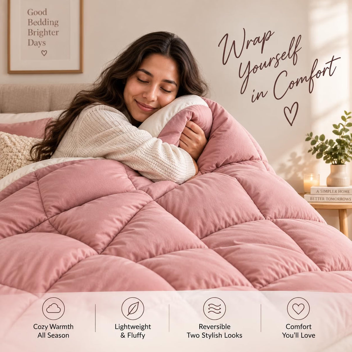 220 GSM Reversible Microfiber Cream And Baby Pink Comforter – Double Bed | Soft, Fluffy & All-Season