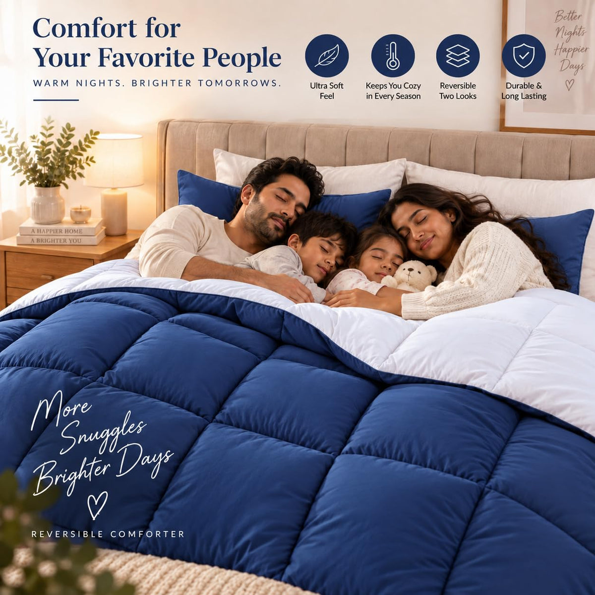 220 GSM Reversible Microfiber White and Navy Comforter – Double Bed | Soft, Fluffy & All-Season