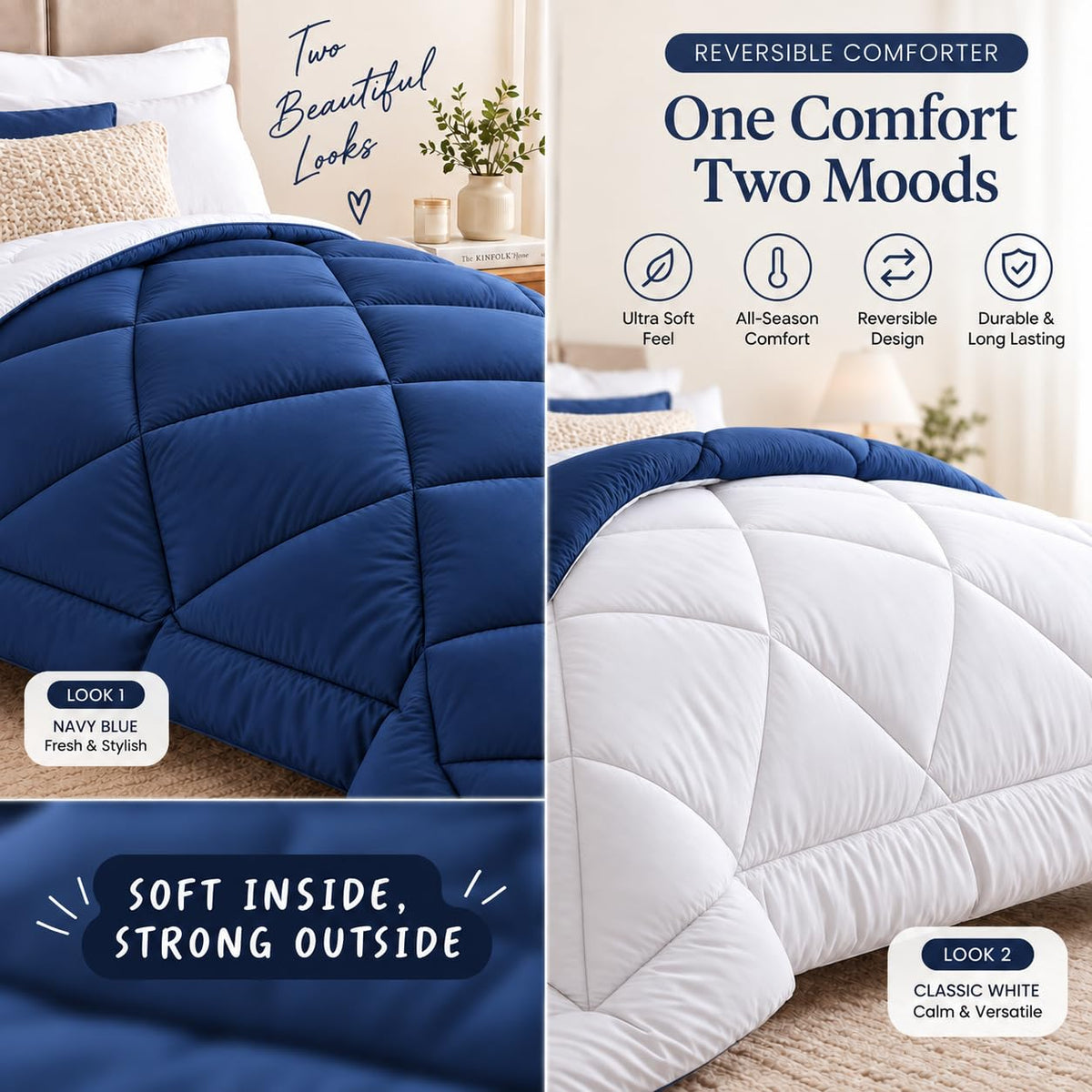 220 GSM Reversible Microfiber White and Navy Comforter – Double Bed | Soft, Fluffy & All-Season