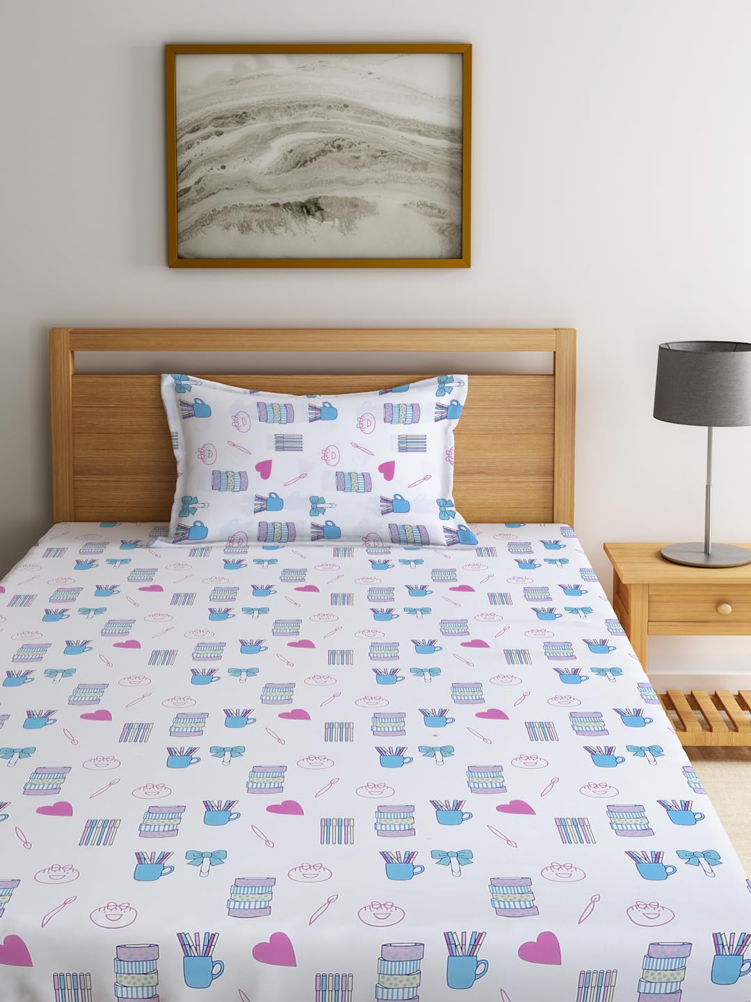 Playful Pink Doodle Print Kids Bedsheet with Pillow Cover