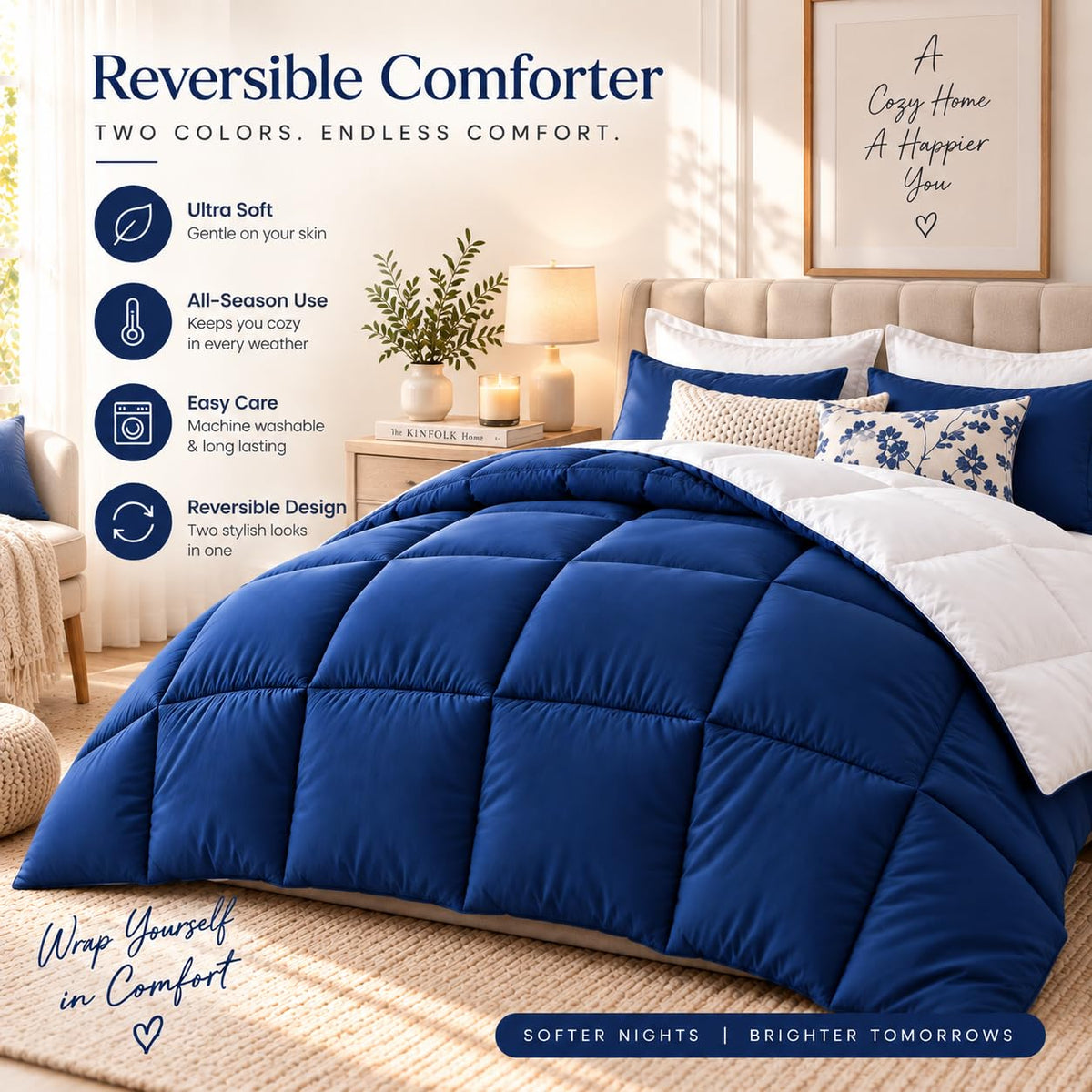 220 GSM Reversible Microfiber White and Navy Comforter – Double Bed | Soft, Fluffy & All-Season