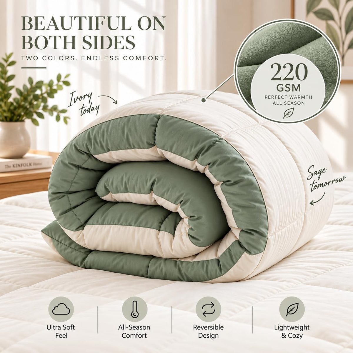 220 GSM Reversible Microfiber Sage And White Comforter – Double Bed | Soft, Fluffy & All-Season