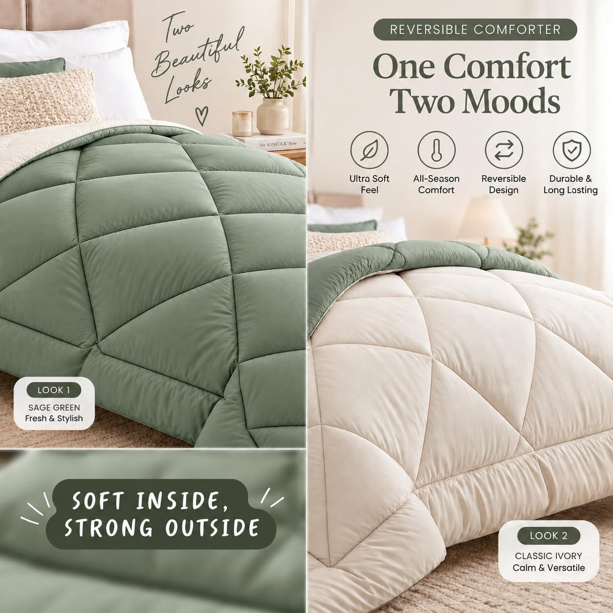 220 GSM Reversible Microfiber Sage And White Comforter – Double Bed | Soft, Fluffy & All-Season