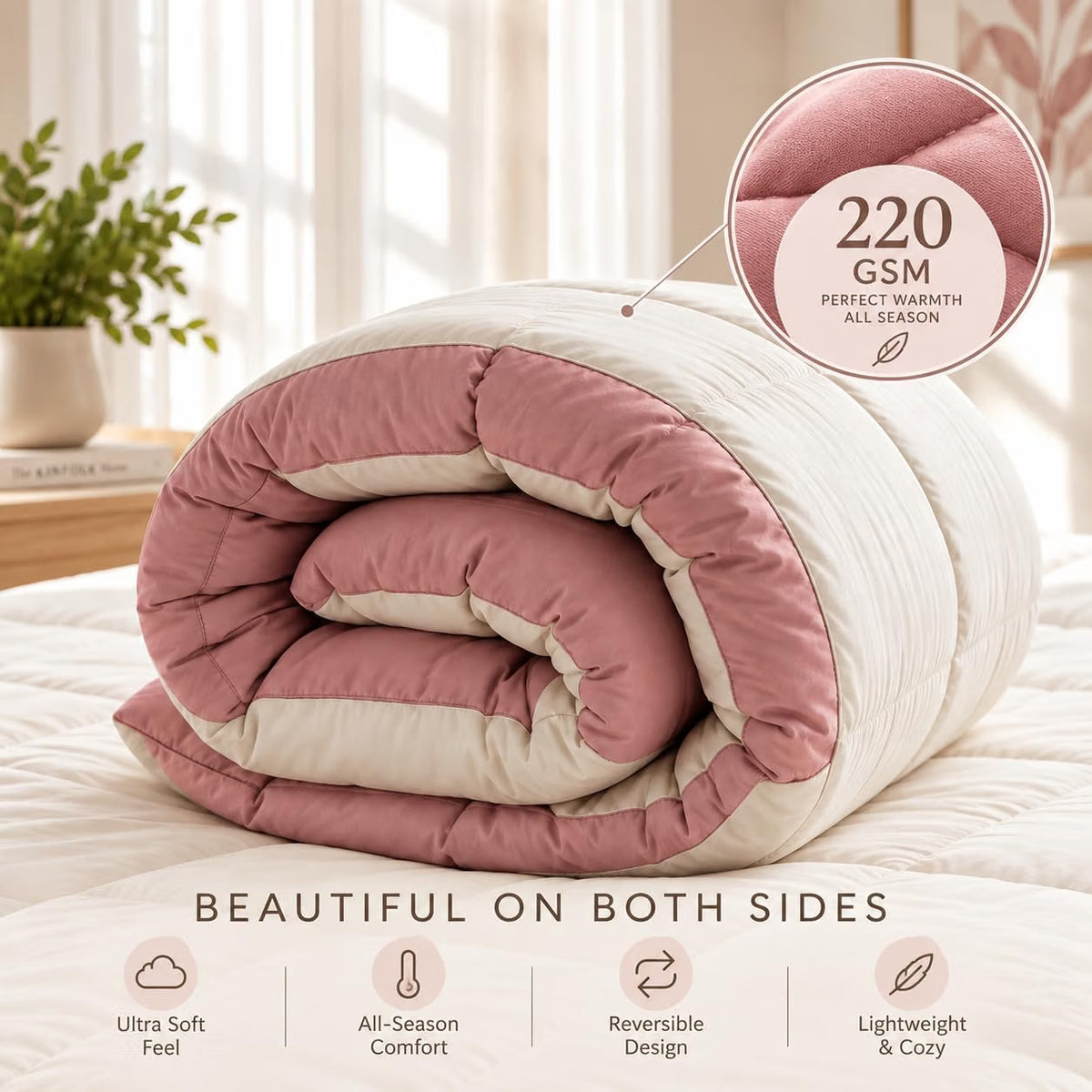 220 GSM Reversible Microfiber Cream And Baby Pink Comforter – Double Bed | Soft, Fluffy & All-Season