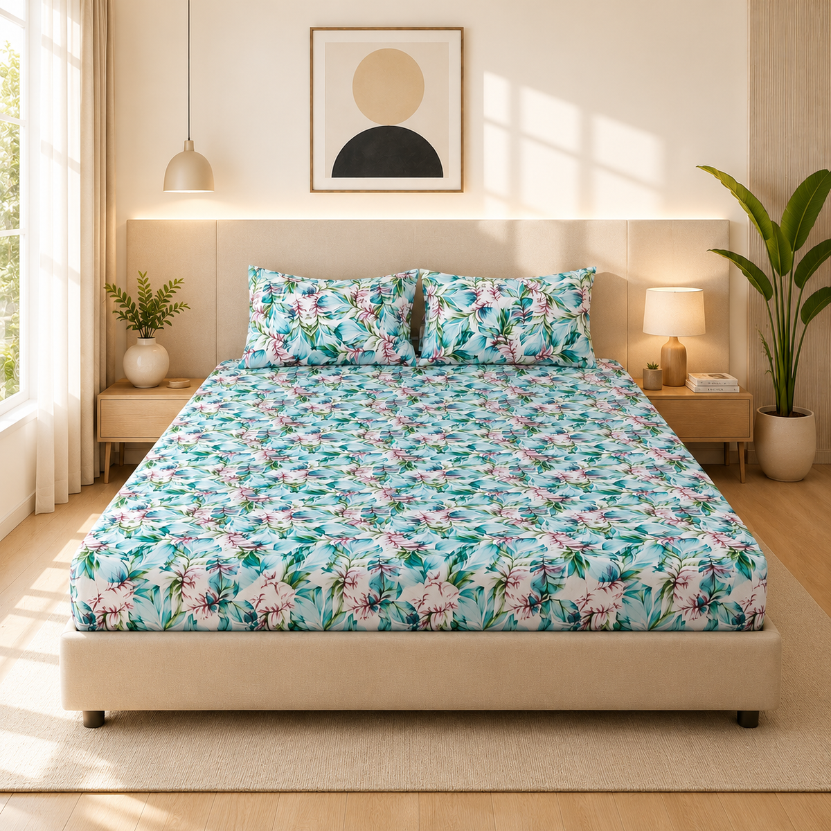 Microfiber Green Floral Bedsheet Set for Double (Queen) Bed – Soft, Wrinkle-Free & Long-Lasting