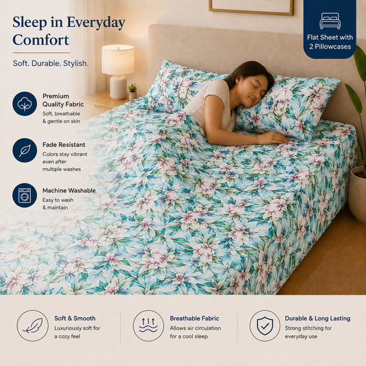 Microfiber Green Floral Bedsheet Set for Double (Queen) Bed – Soft, Wrinkle-Free & Long-Lasting