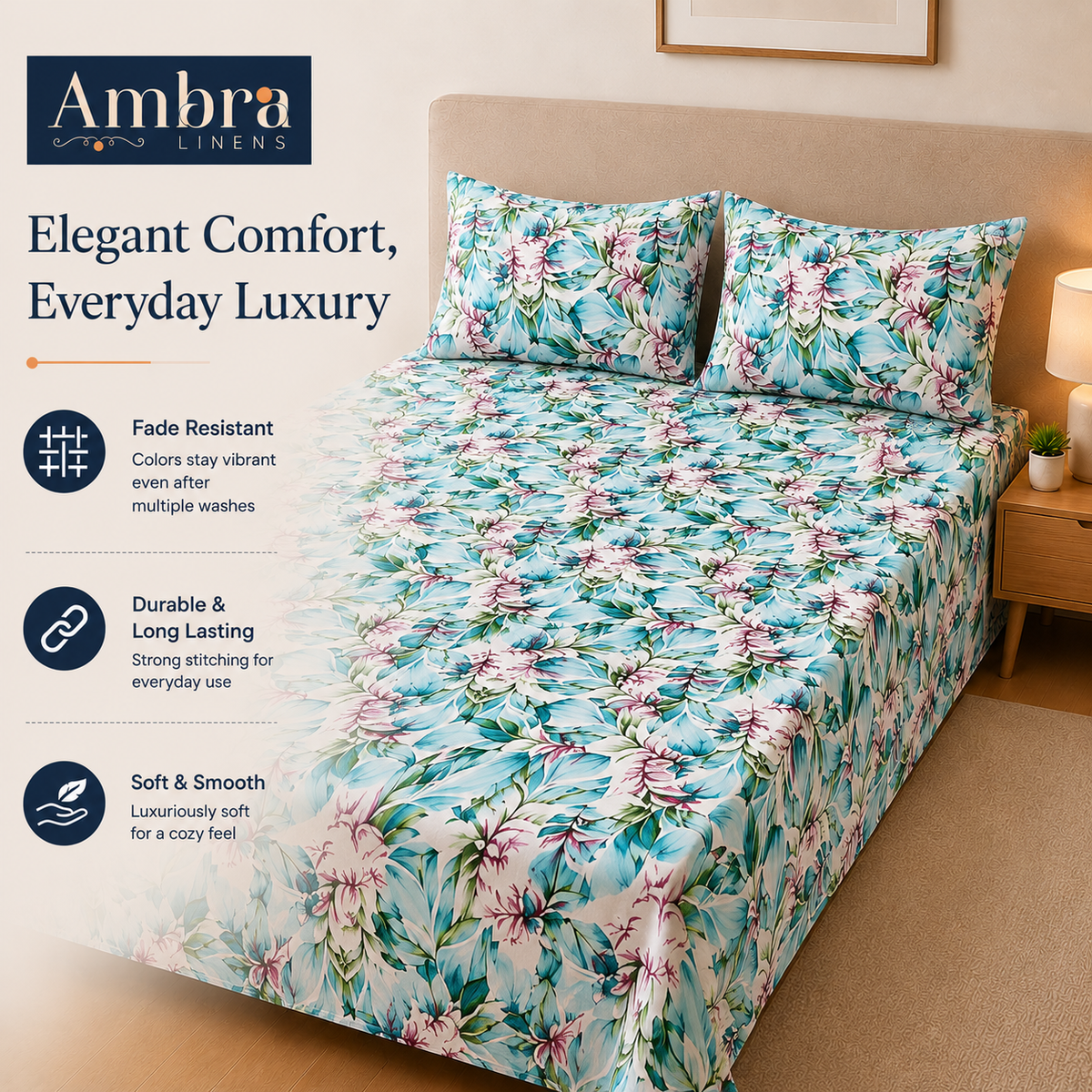 Microfiber Green Floral Bedsheet Set for Double (Queen) Bed – Soft, Wrinkle-Free & Long-Lasting