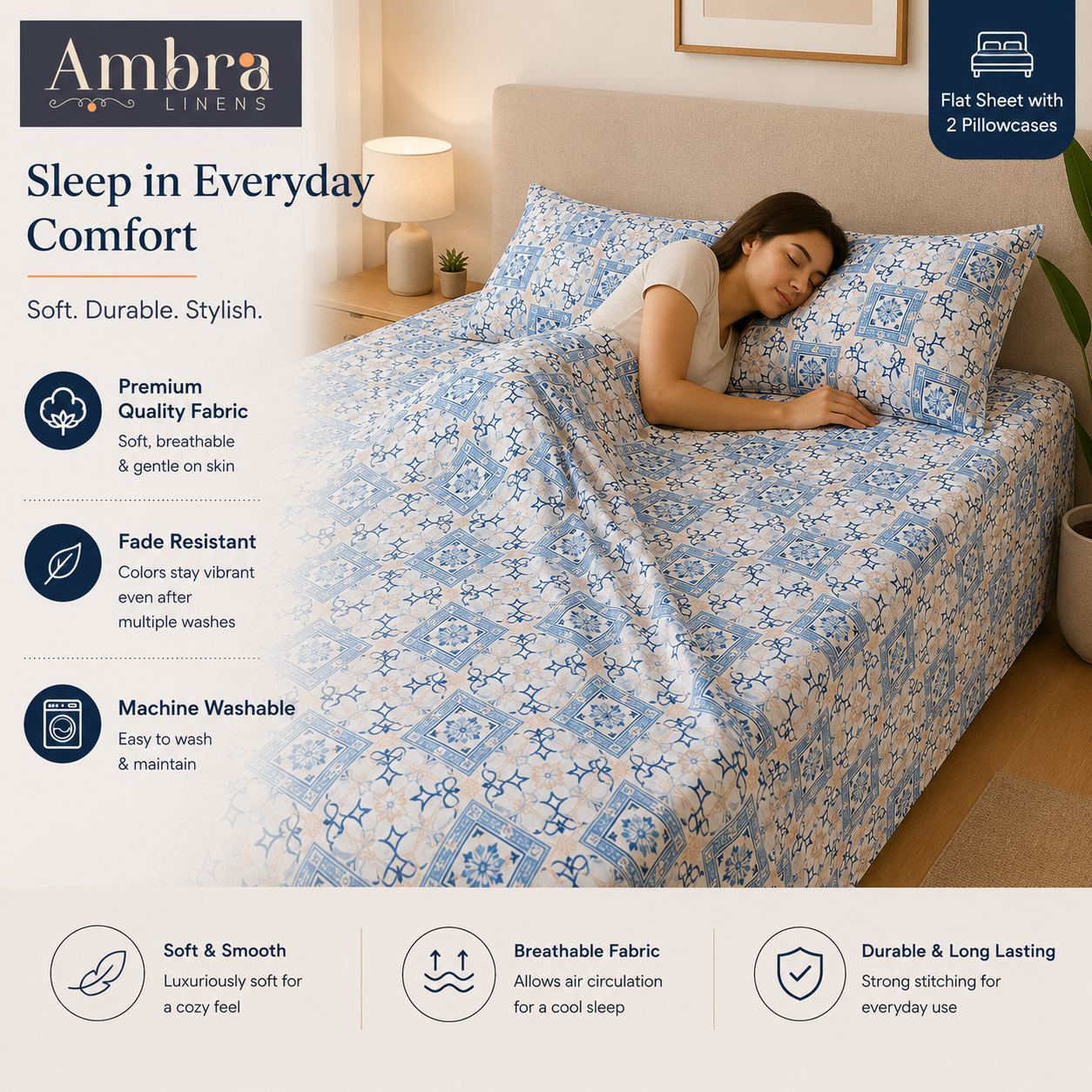 Microfiber Blue Floral Bedsheet Set for Double (Queen) Bed – Soft, Wrinkle-Free & Long-Lasting
