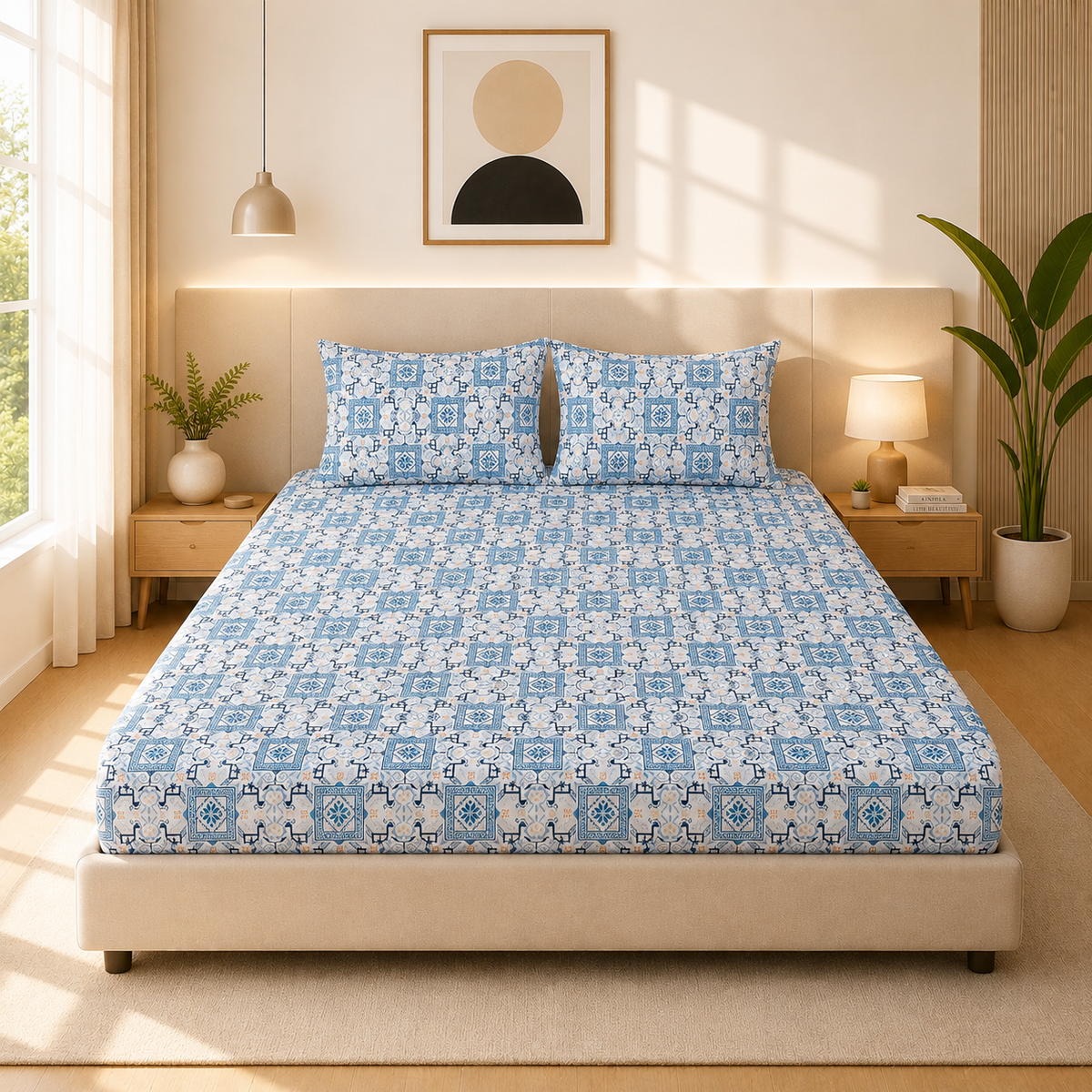 Microfiber Blue Floral Bedsheet Set for Double (Queen) Bed – Soft, Wrinkle-Free & Long-Lasting
