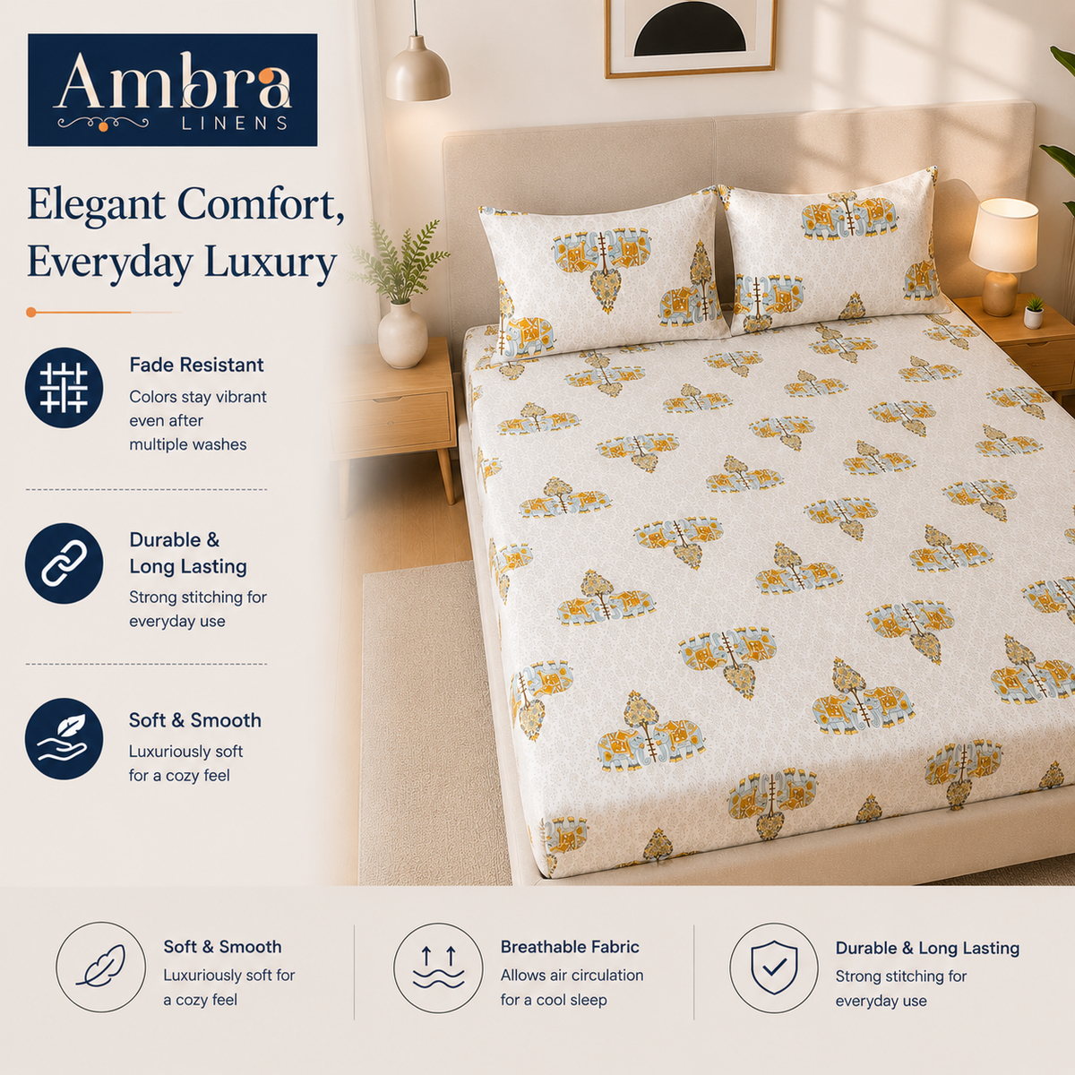 Microfiber White Floral Bedsheet Set for Double (Queen) Bed – Soft, Wrinkle-Free & Long-Lasting