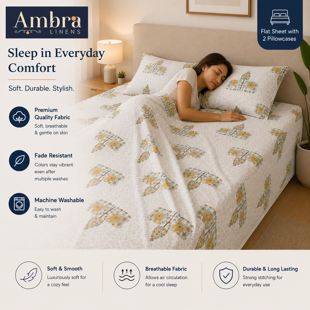 Microfiber White Floral Bedsheet Set for Double (Queen) Bed – Soft, Wrinkle-Free & Long-Lasting