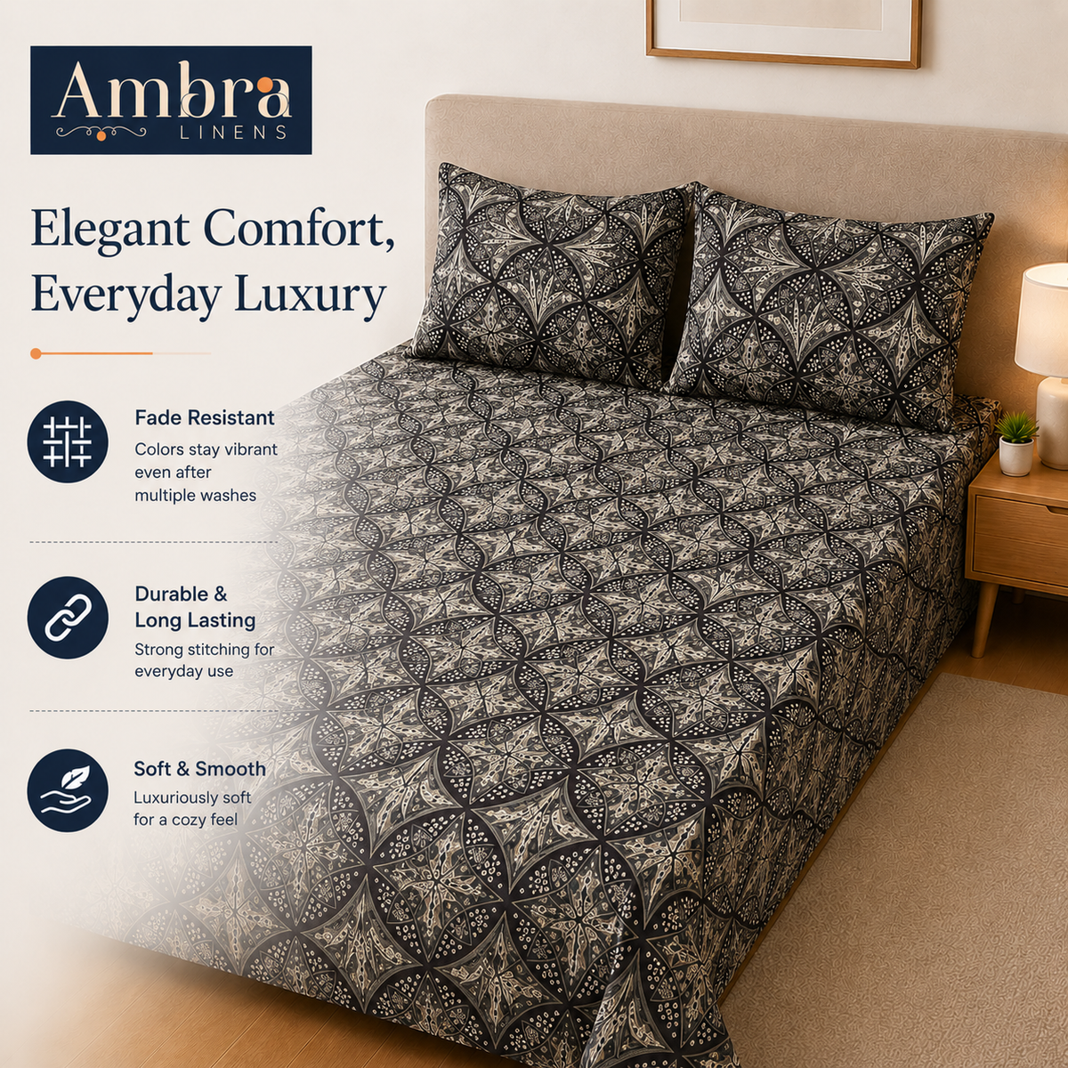 Microfiber Cream & Blue Floral Bedsheet Set for Double (Queen) Bed – Soft, Wrinkle-Free & Long-Lasting