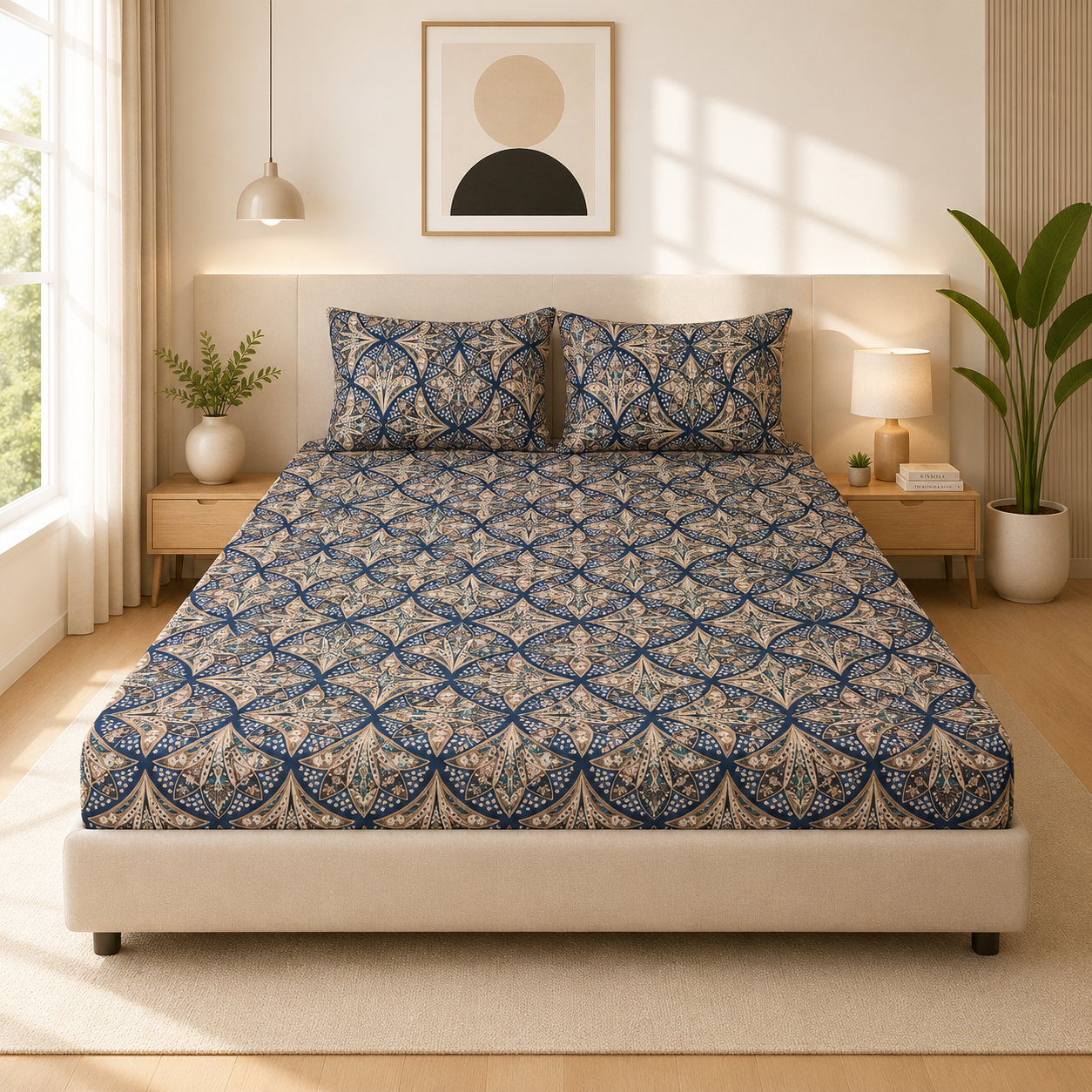 Microfiber Cream & Blue Floral Bedsheet Set for Double (Queen) Bed – Soft, Wrinkle-Free & Long-Lasting