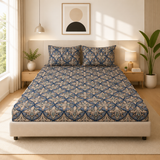 Microfiber Cream & Blue Floral Bedsheet Set for Double (Queen) Bed – Soft, Wrinkle-Free & Long-Lasting