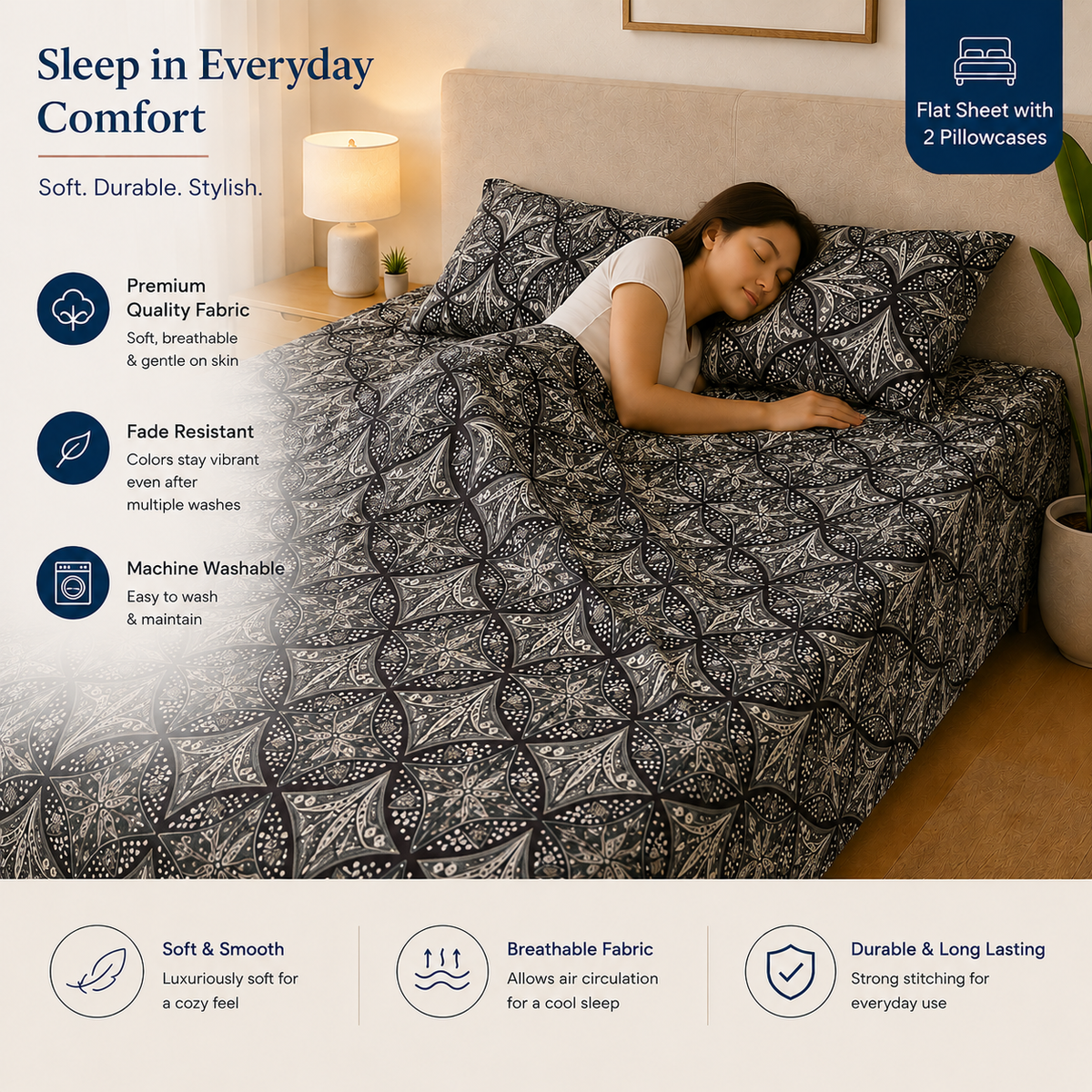 Microfiber Cream & Blue Floral Bedsheet Set for Double (Queen) Bed – Soft, Wrinkle-Free & Long-Lasting