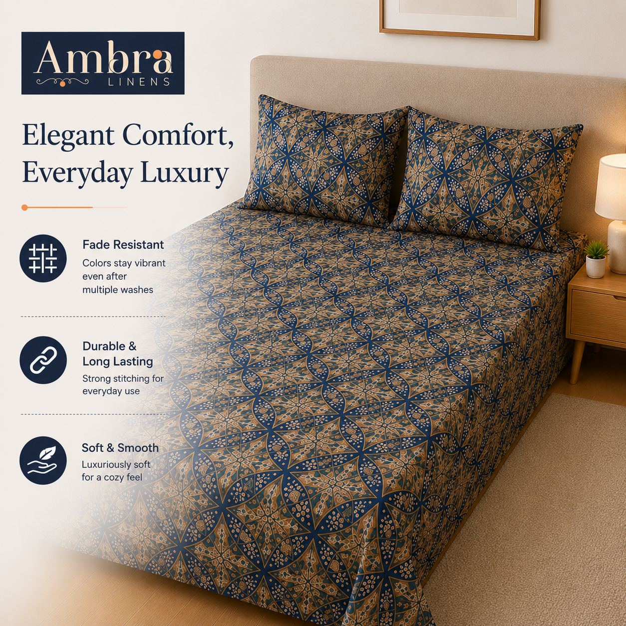 Microfiber Navy Blue Floral Bedsheet Set for Double (Queen) Bed – Soft, Wrinkle-Free & Long-Lasting