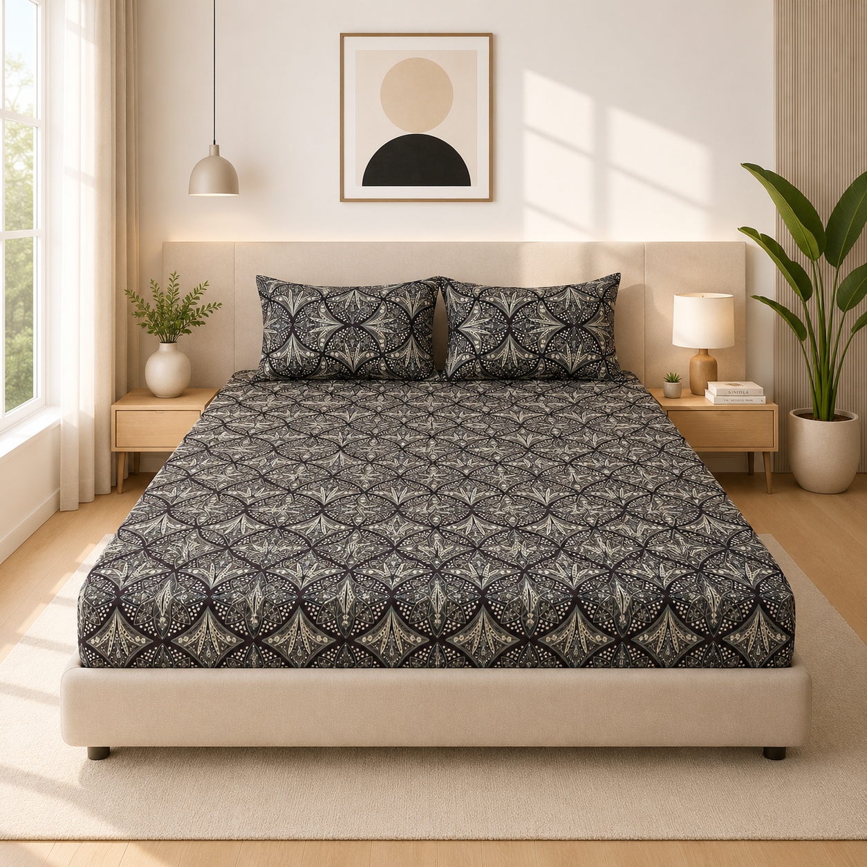 Microfiber Navy Blue Floral Bedsheet Set for Double (Queen) Bed – Soft, Wrinkle-Free & Long-Lasting