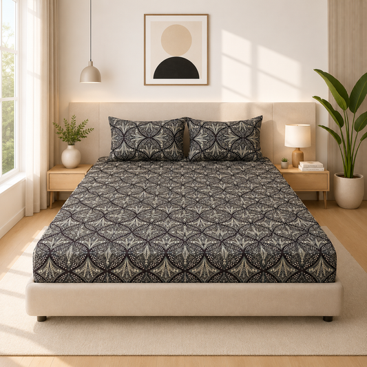 Microfiber Navy Blue Floral Bedsheet Set for Double (Queen) Bed – Soft, Wrinkle-Free & Long-Lasting