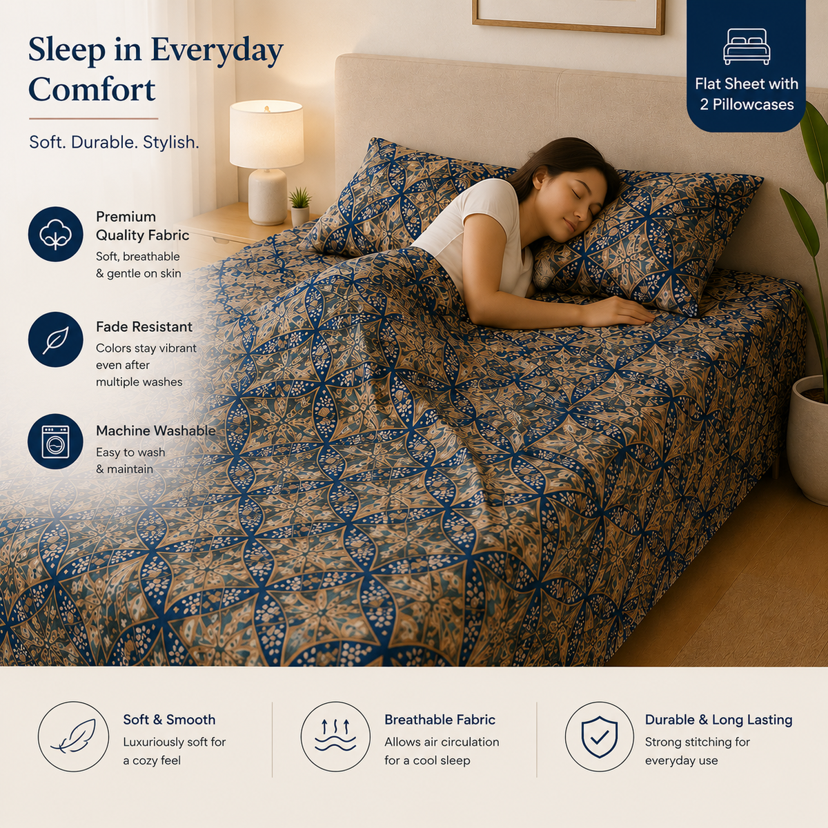 Microfiber Navy Blue Floral Bedsheet Set for Double (Queen) Bed – Soft, Wrinkle-Free & Long-Lasting
