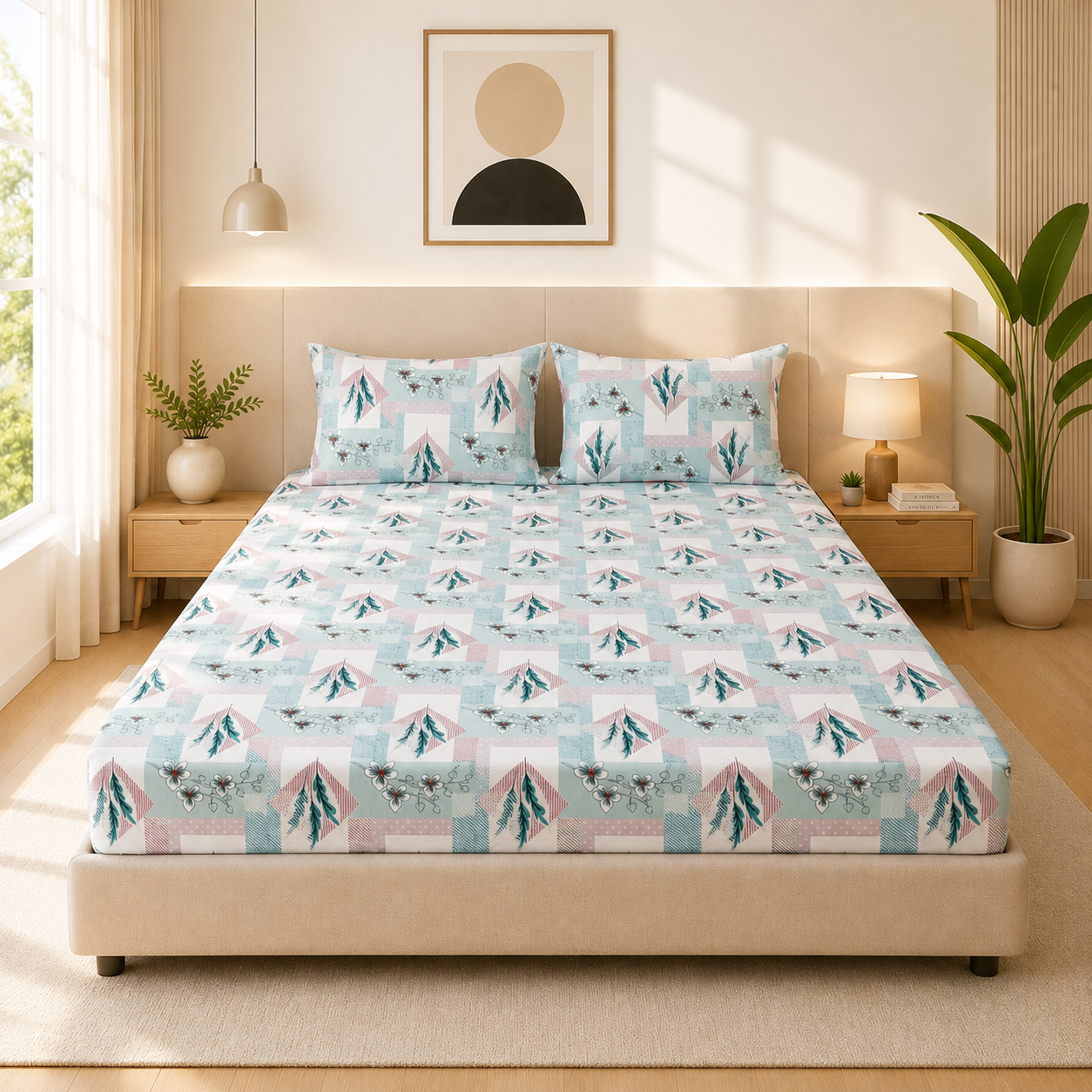 Microfiber Green Floral Bedsheet Set for Double (Queen) Bed – Soft, Wrinkle-Free & Long-Lasting