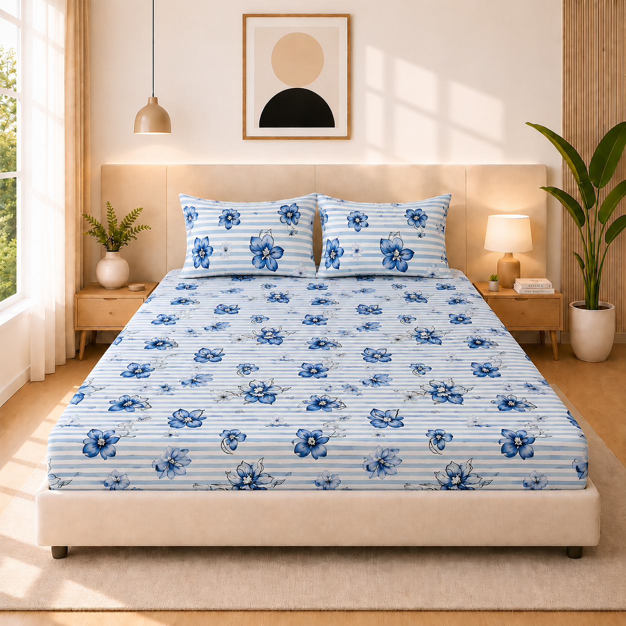 Microfiber Blue Floral Bedsheet Set for Double (Queen) Bed – Soft, Wrinkle-Free & Long-Lasting