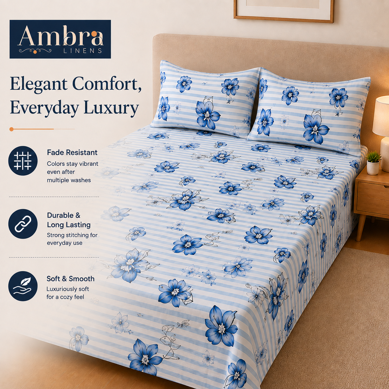 Microfiber Blue Floral Bedsheet Set for Double (Queen) Bed – Soft, Wrinkle-Free & Long-Lasting