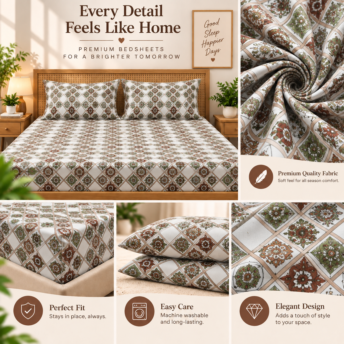 Cotton 300 TC Sateen Sage Green and White Colour Bedsheet Set for King Size – Soft, Durable & Long-Lasting