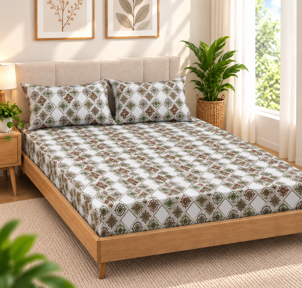 Cotton 300 TC Sateen Sage Green and White Colour Bedsheet Set for King Size – Soft, Durable & Long-Lasting