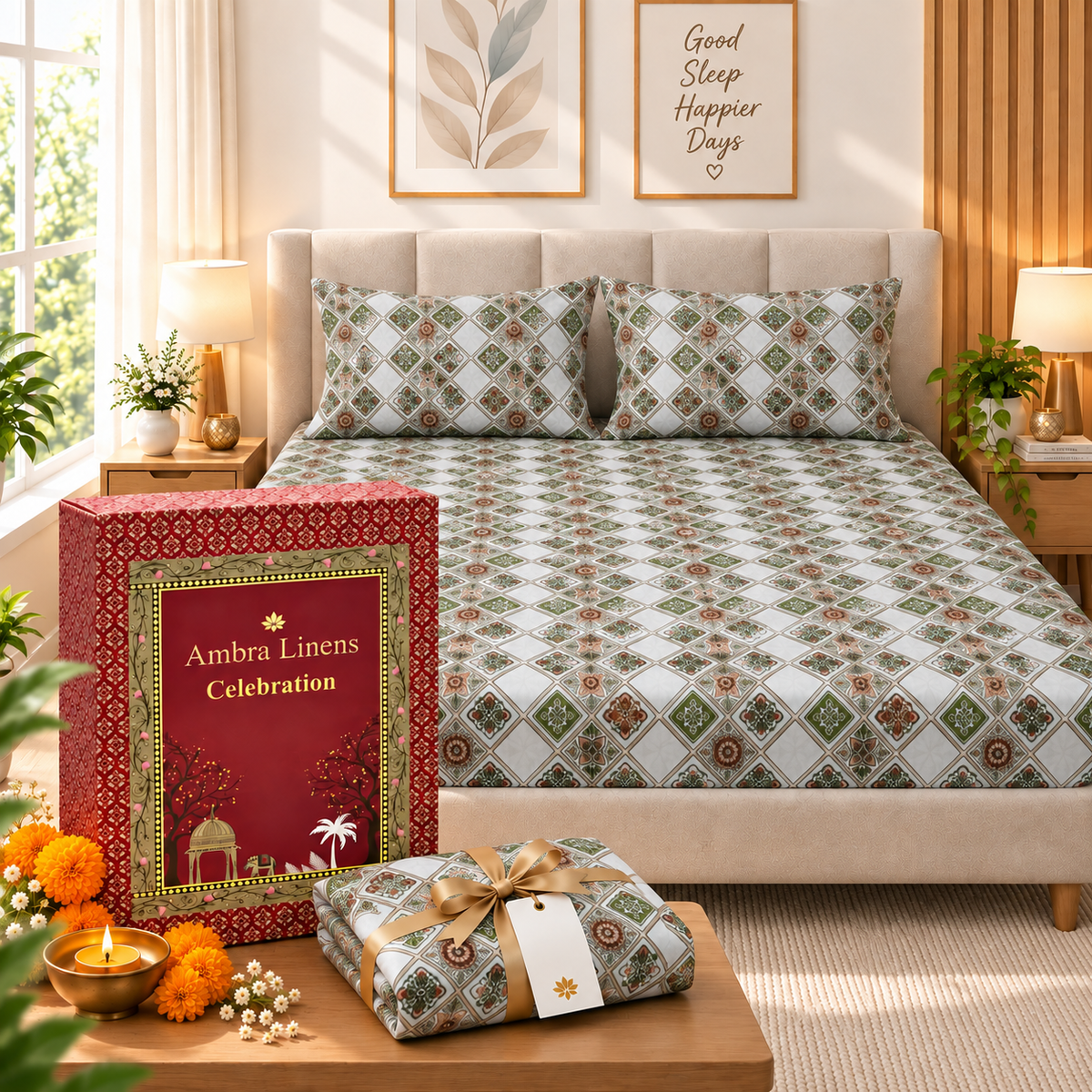 Cotton 300 TC Sateen Sage Green and White Colour Bedsheet Set for King Size – Soft, Durable & Long-Lasting