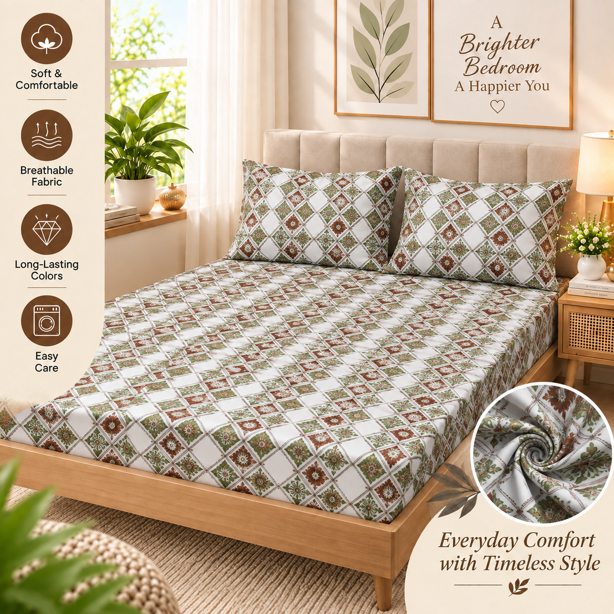 Cotton 300 TC Sateen Sage Green and White Colour Bedsheet Set for King Size – Soft, Durable & Long-Lasting