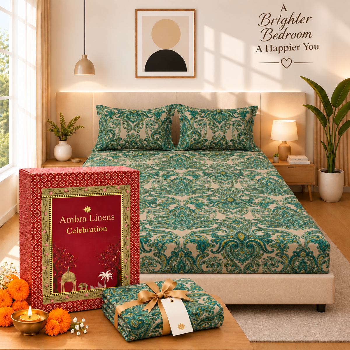 Cotton 300 TC Sateen Teal Green and Cream Colour Bedsheet Set for King Size – Soft, Durable & Long-Lasting