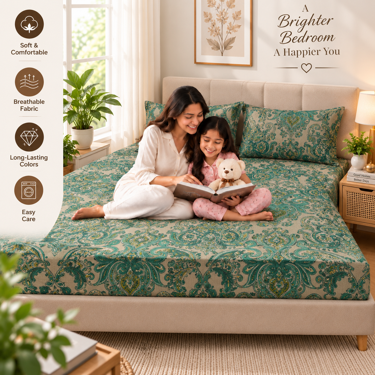 Cotton 300 TC Sateen Teal Green and Cream Colour Bedsheet Set for King Size – Soft, Durable & Long-Lasting