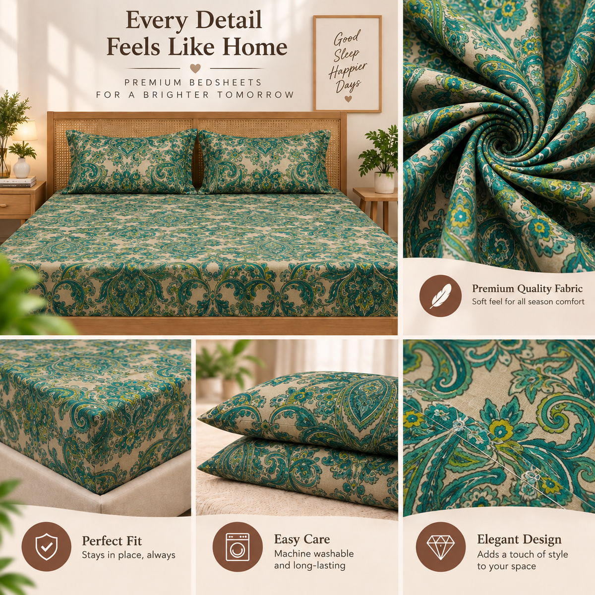 Cotton 300 TC Sateen Teal Green and Cream Colour Bedsheet Set for King Size – Soft, Durable & Long-Lasting