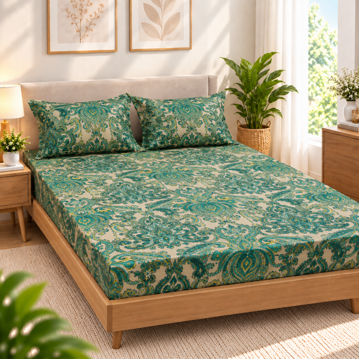 Cotton 300 TC Sateen Teal Green and Cream Colour Bedsheet Set for King Size – Soft, Durable & Long-Lasting