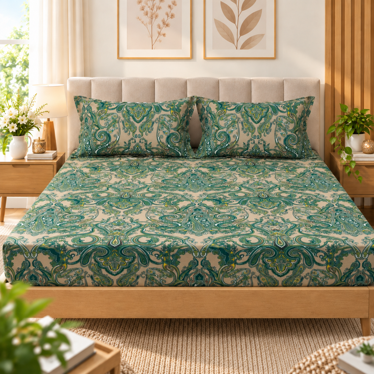 Cotton 300 TC Sateen Teal Green and Cream Colour Bedsheet Set for King Size – Soft, Durable & Long-Lasting