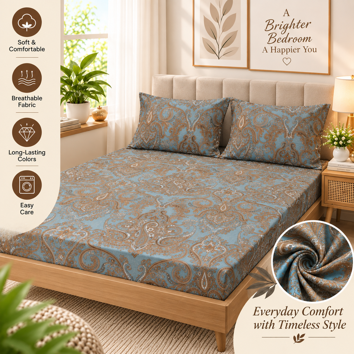 Cotton 300 TC Sateen Dusty Blue Colour Bedsheet Set for King Size – Soft, Durable & Long-Lasting