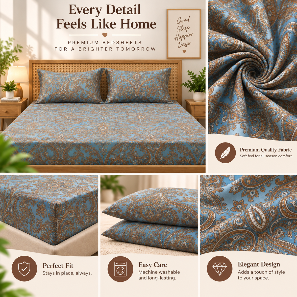 Cotton 300 TC Sateen Dusty Blue Colour Bedsheet Set for King Size – Soft, Durable & Long-Lasting