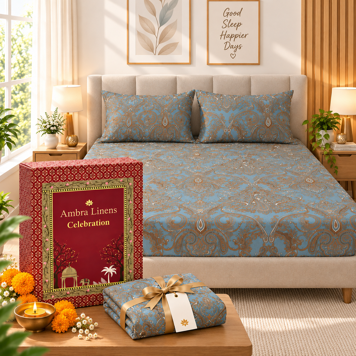 Cotton 300 TC Sateen Dusty Blue Colour Bedsheet Set for King Size – Soft, Durable & Long-Lasting