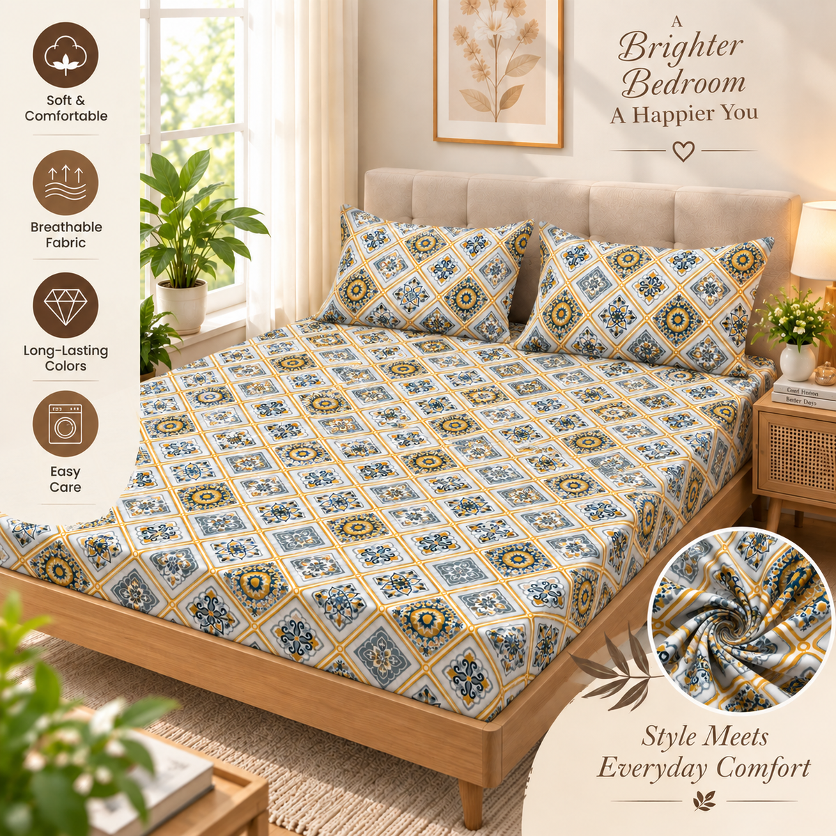 Cotton 300 TC Sateen Ivory Colour Bedsheet Set for King Size – Soft, Durable & Long-Lasting