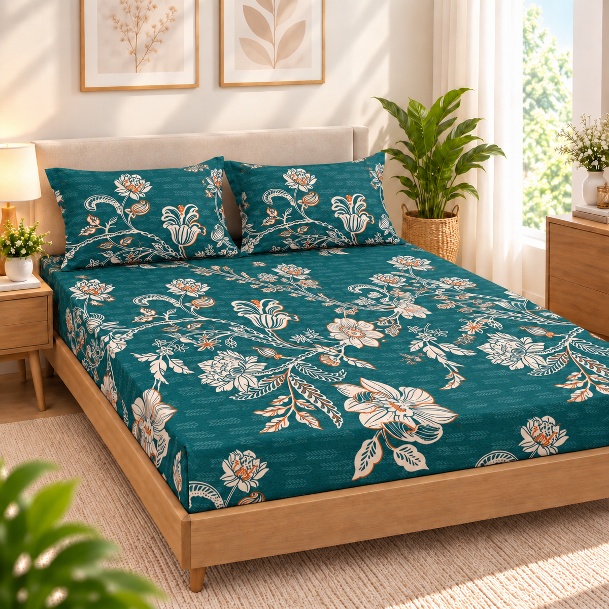 Cotton 300 TC Sateen Teal Blue Colour Bedsheet Set for King Size – Soft, Durable & Long-Lasting