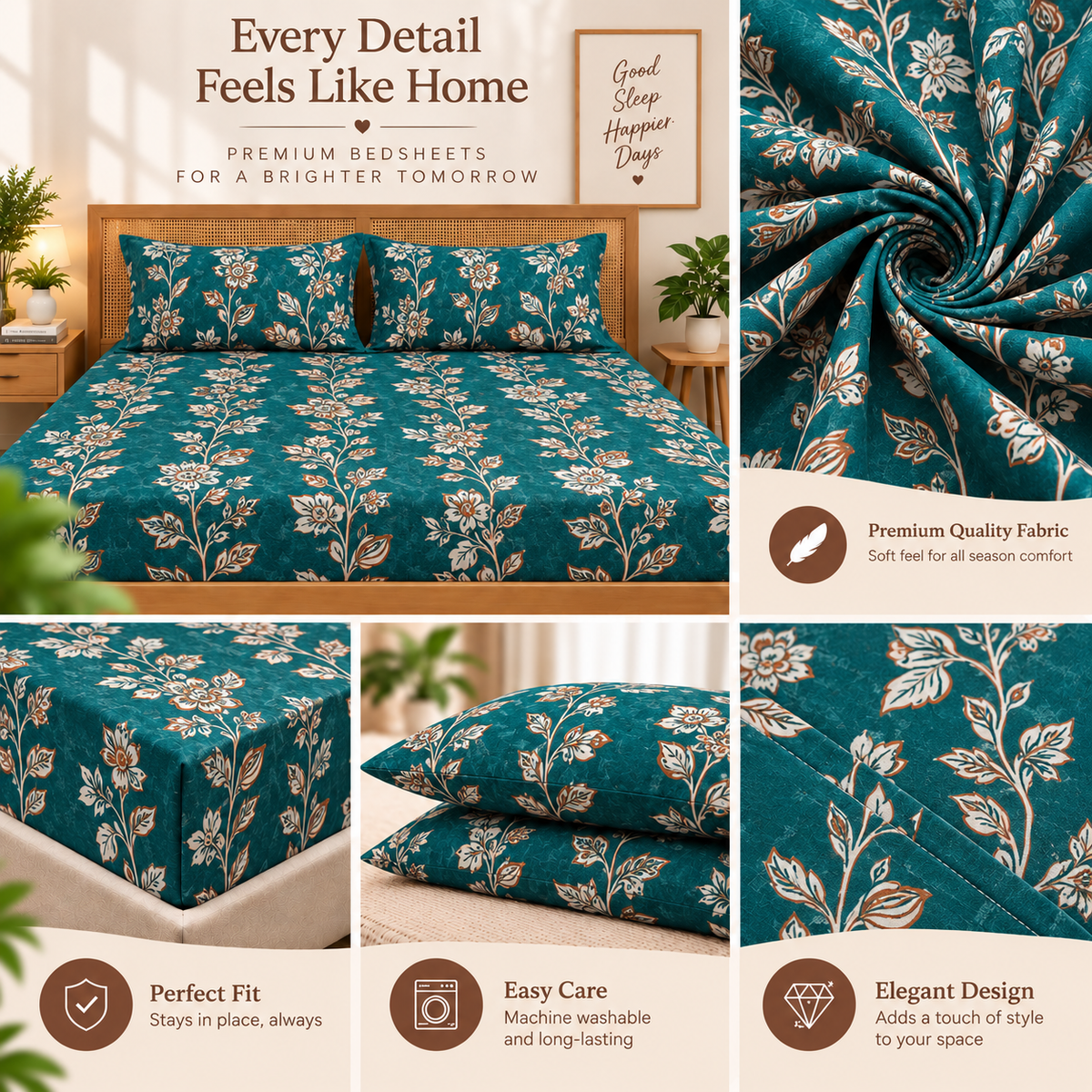 Cotton 300 TC Sateen Teal Blue Colour Bedsheet Set for King Size – Soft, Durable & Long-Lasting