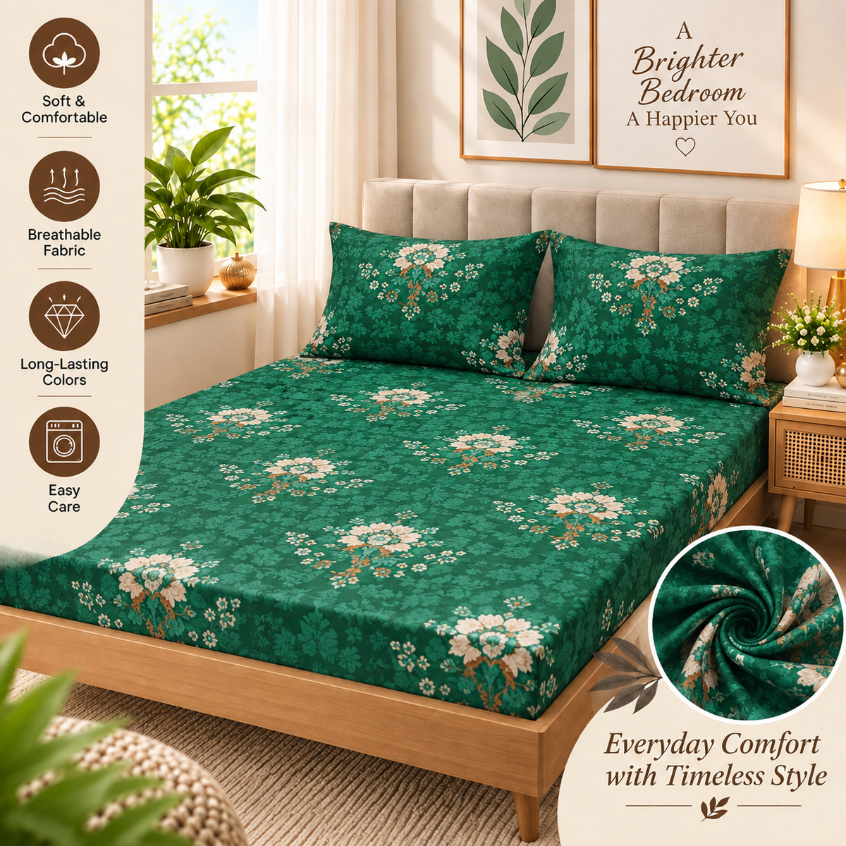 Cotton 300 TC Sateen Green Colour Bedsheet Set for King Size – Soft, Durable & Long-Lasting