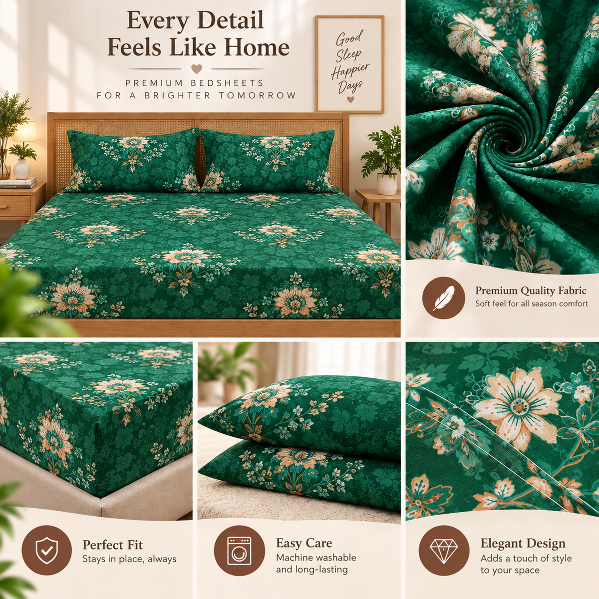 Cotton 300 TC Sateen Green Colour Bedsheet Set for King Size – Soft, Durable & Long-Lasting