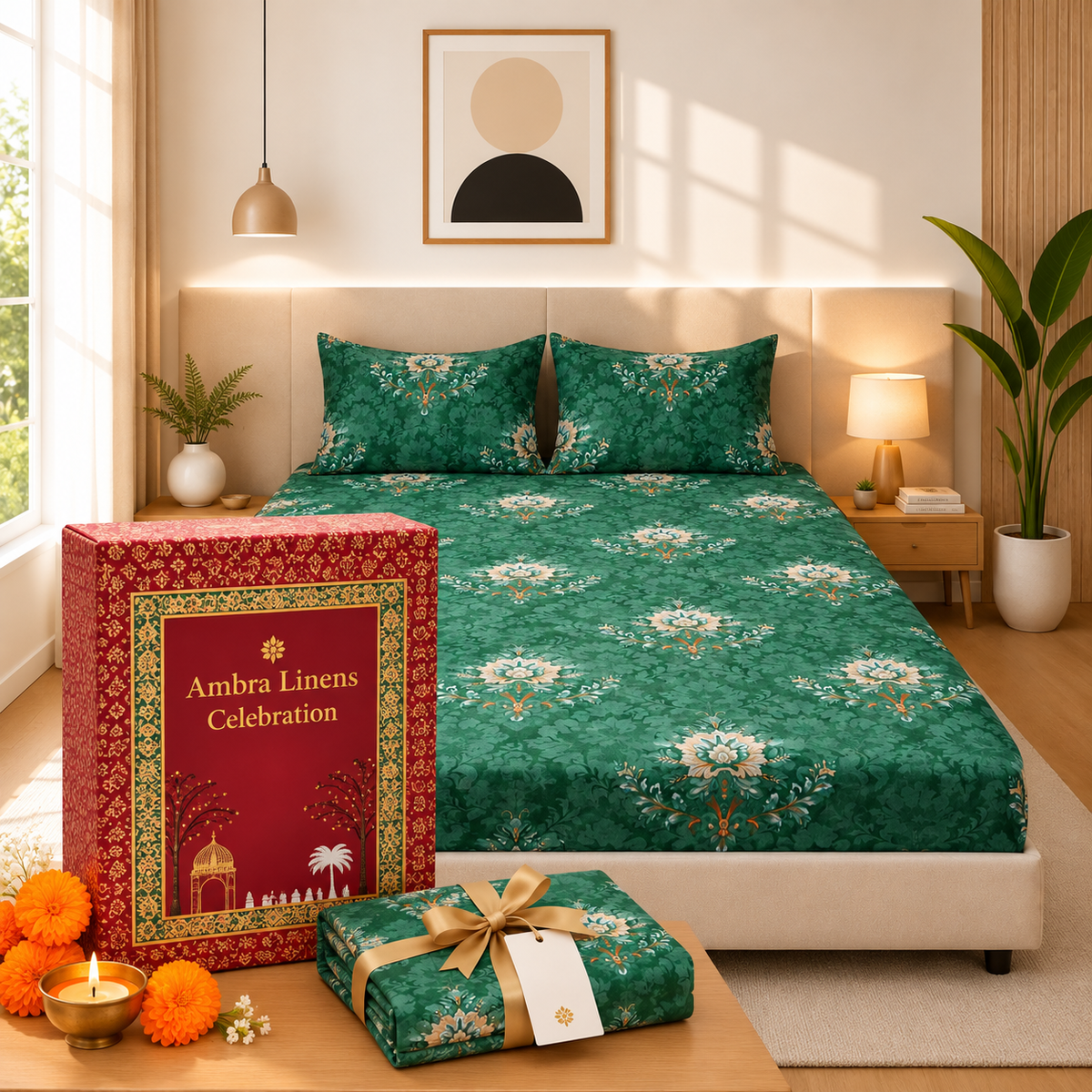 Cotton 300 TC Sateen Green Colour Bedsheet Set for King Size – Soft, Durable & Long-Lasting